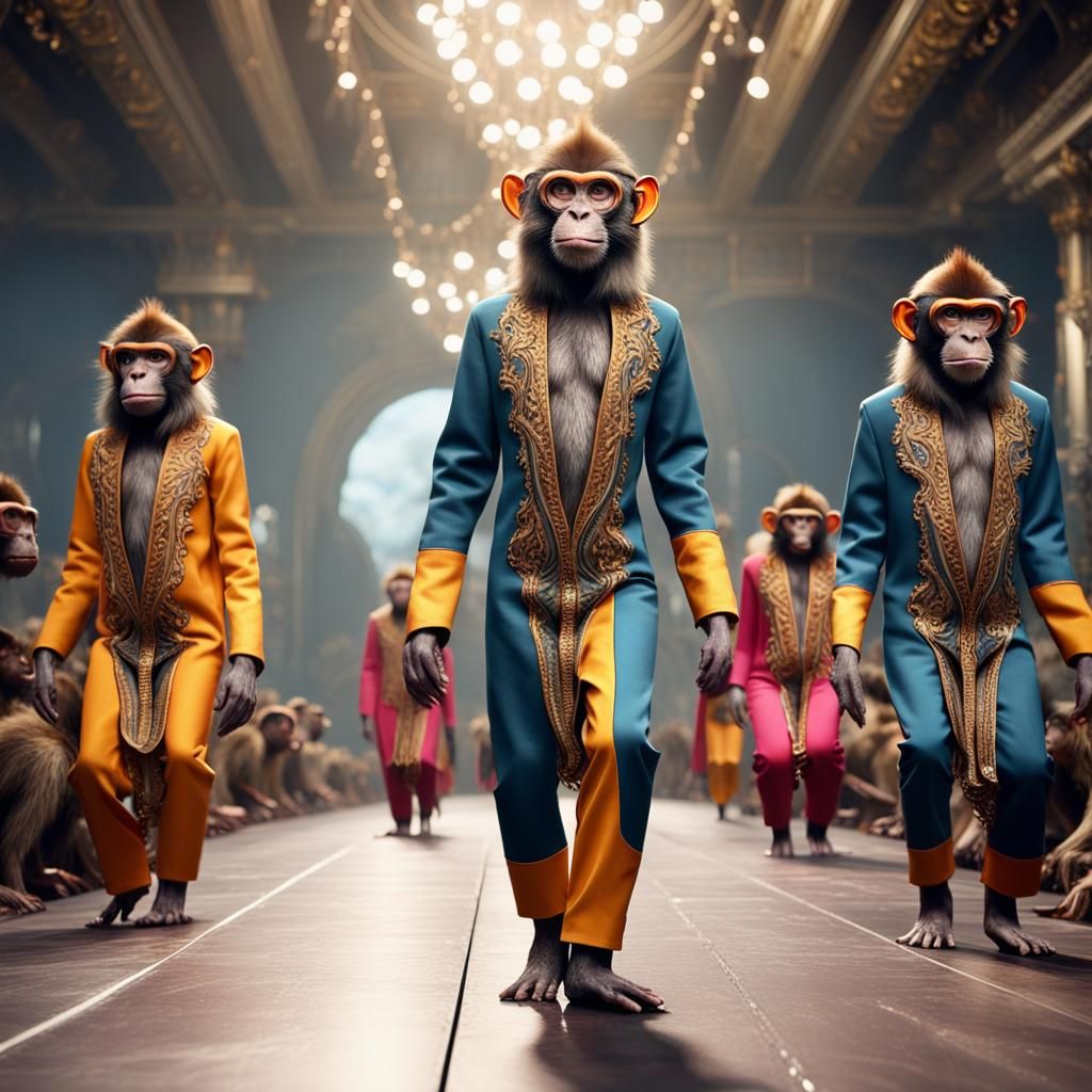 monkeys as Fashion show models on runway, 8k, ultrasharp