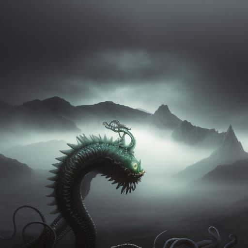 monster, jaws and tentacles, rising violently from opaque fog, concept ...
