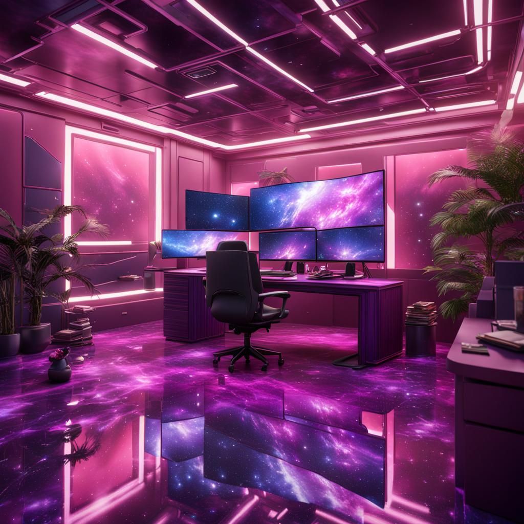 Large pink and purple Galaxy inspired Office with reflective...