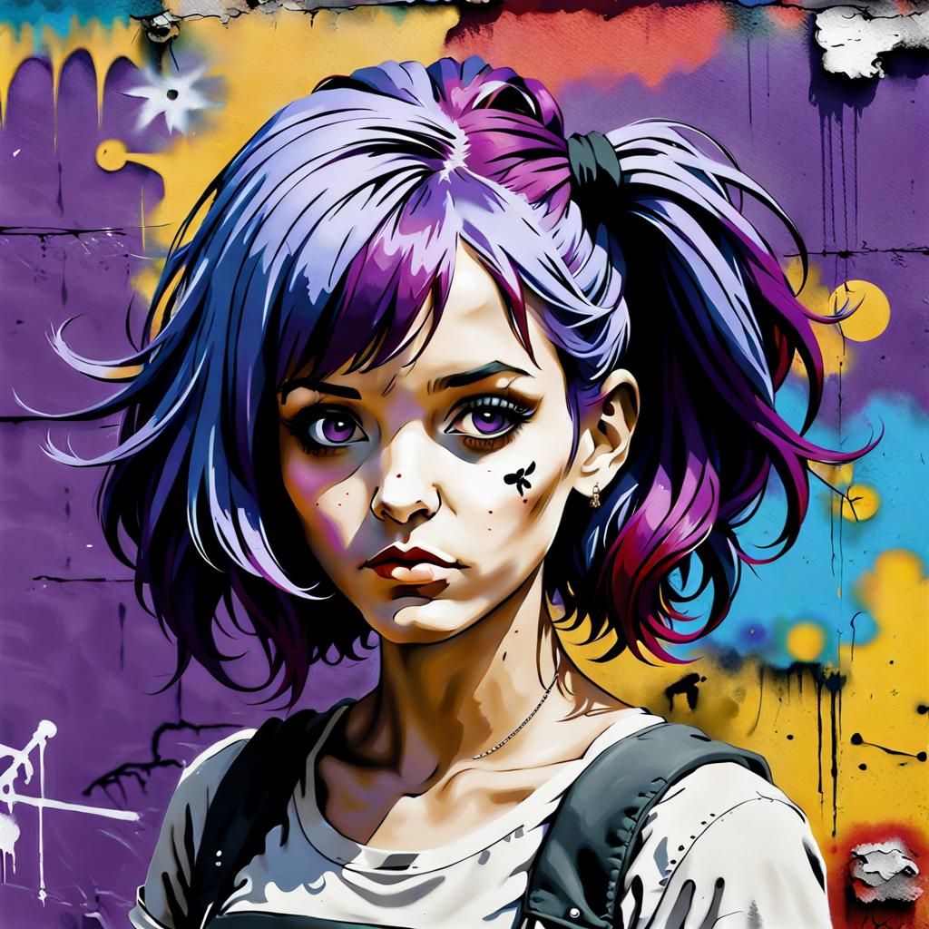 Purple haired girl, colorful background: Banksy art form