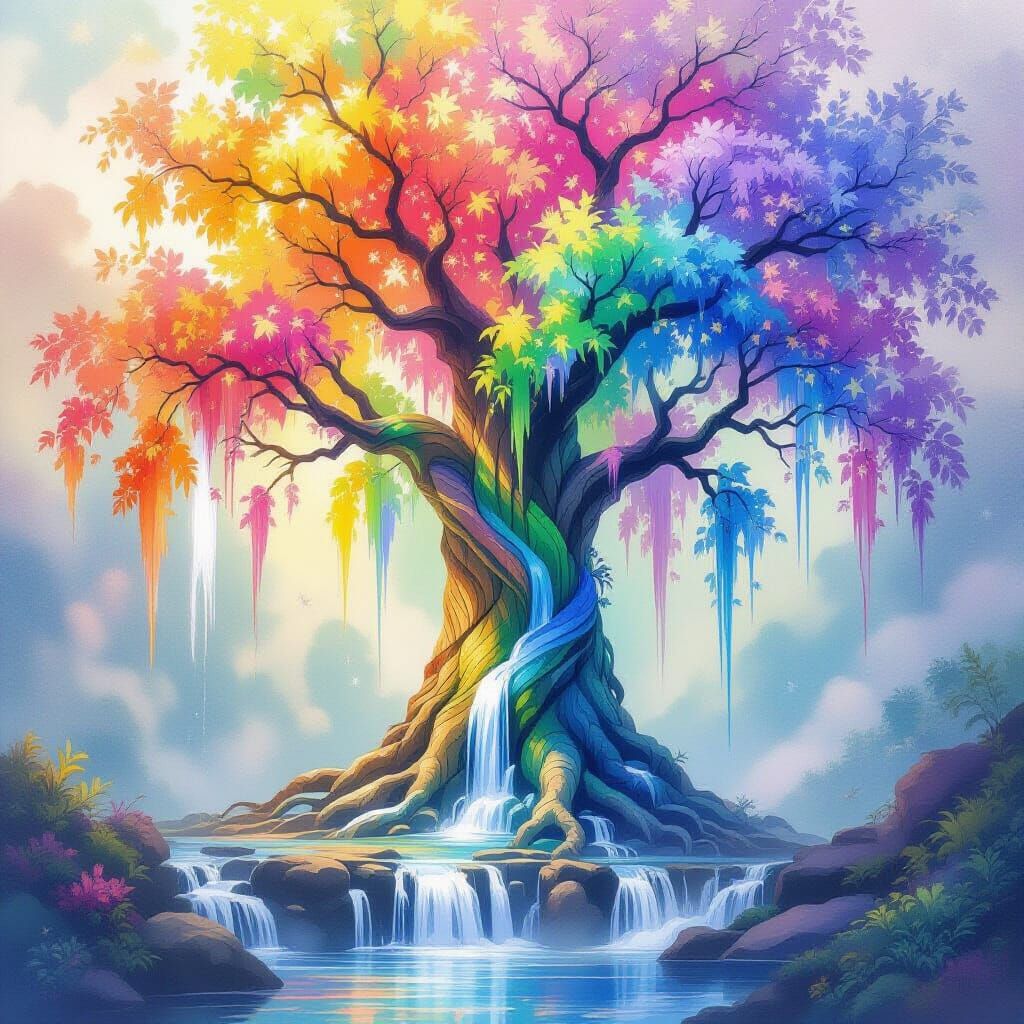 Magical Rainbow Tree With Waterfalls