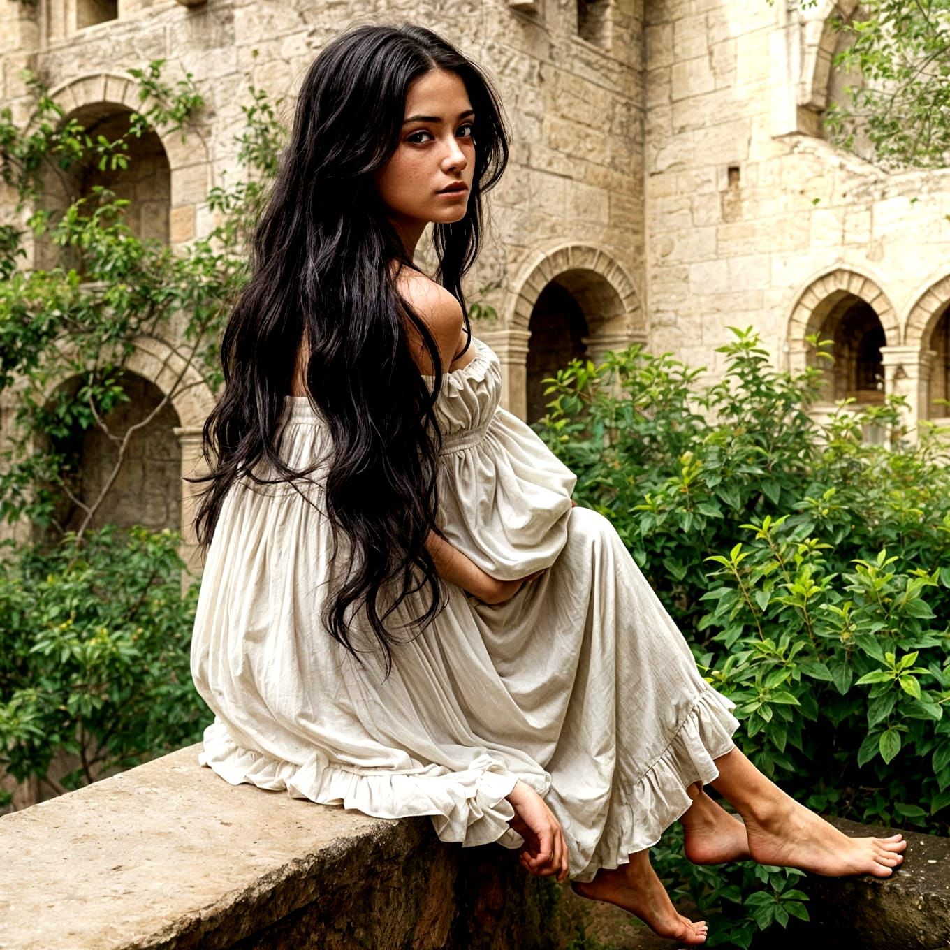 Elegant Young Woman Contemplates in Historic Courtyard