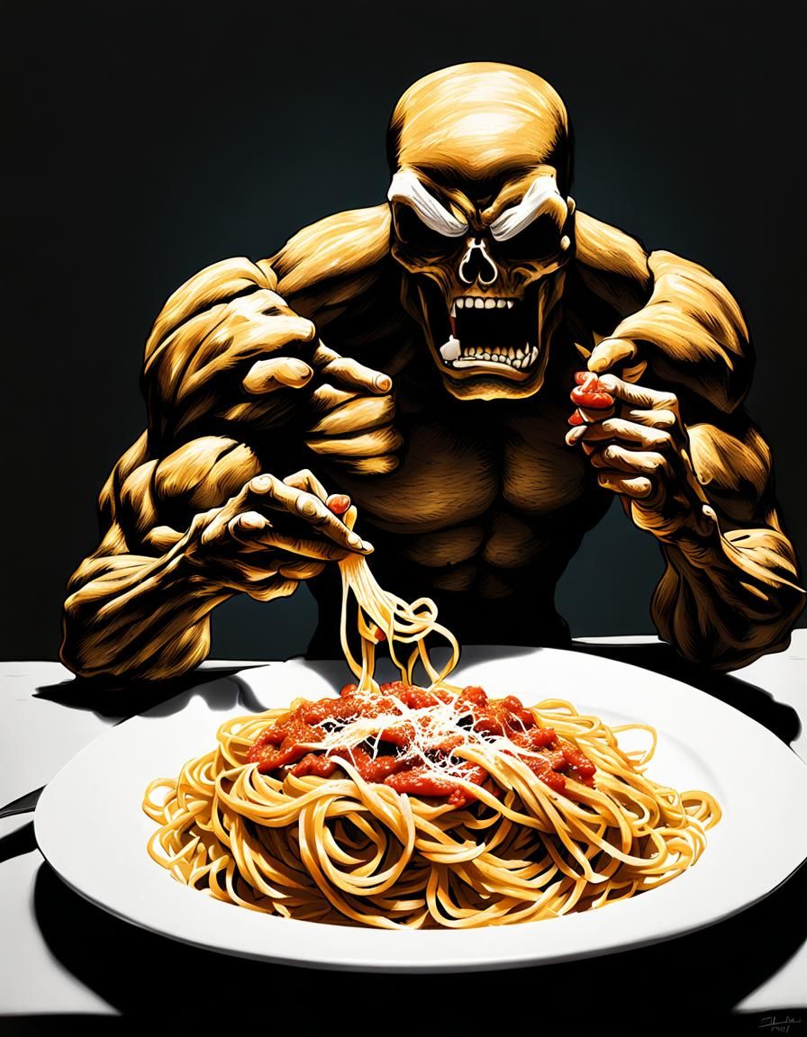 Hero eating spaghetti ; by Dave Cockrum