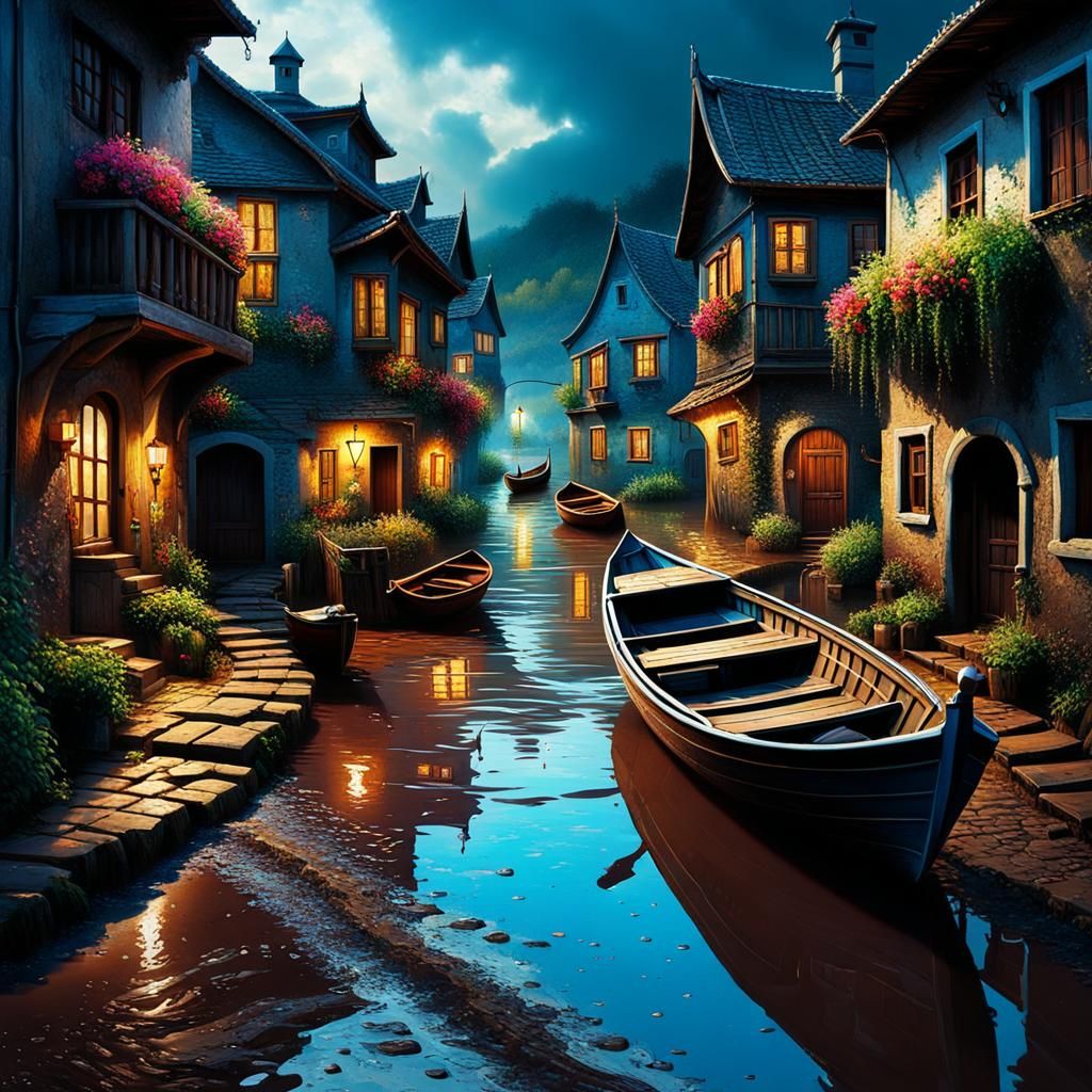 Flood, mud, boat in the street of beautiful village