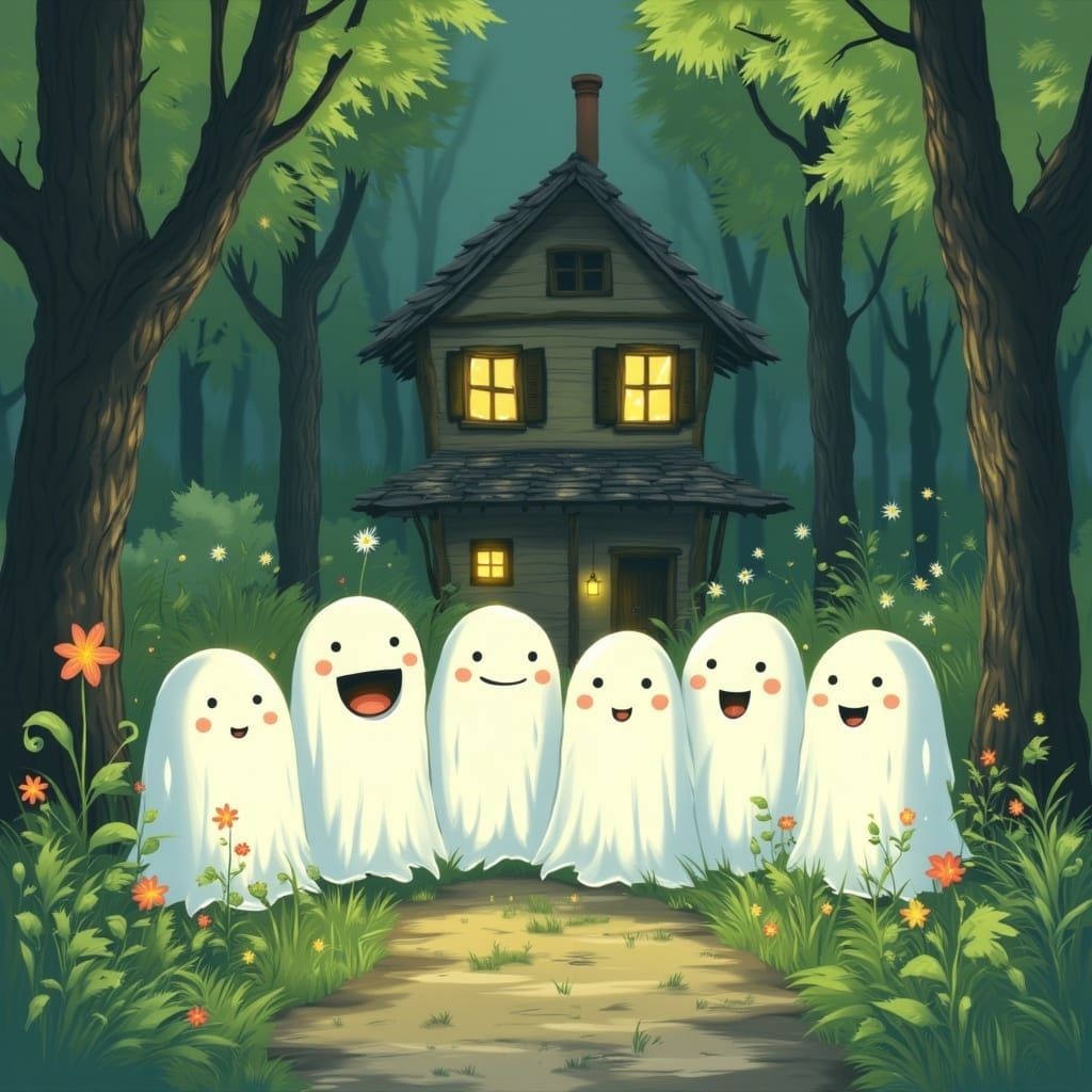  <lora:MJ6 Cuties:1.0> A group of cute, white ghosts with smiling faces, lined up in front of an old house on a forest path. The scene is de...