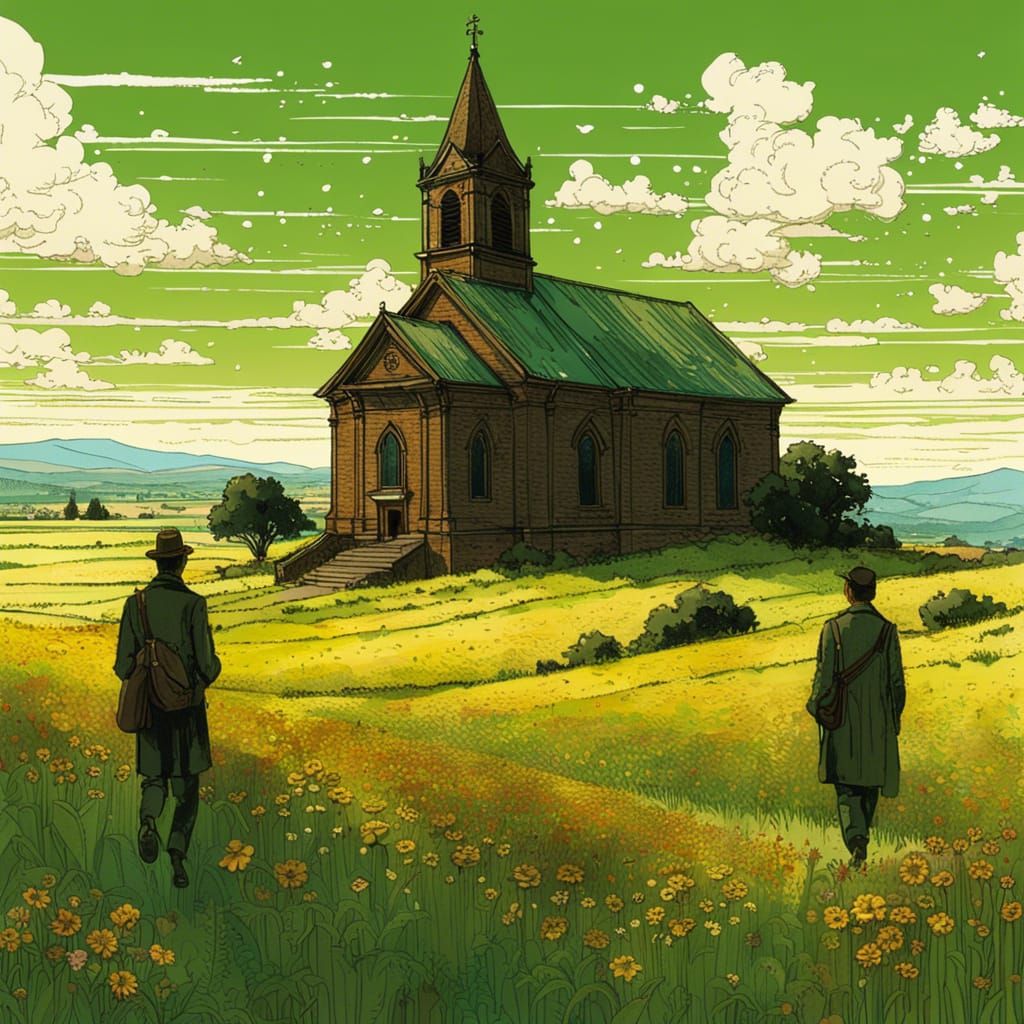 An old brown church on the hill of a brilliantly  green-oliv...