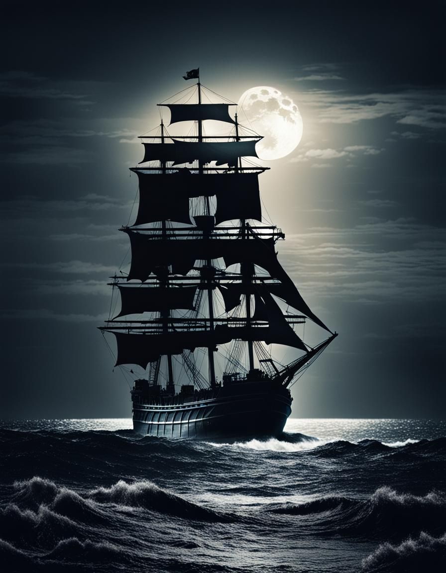 "Bateau de pirate dans une mer déchaînée toutes les lanternes brillent au milieu d'une nuit sombre suivant ...  by @CB