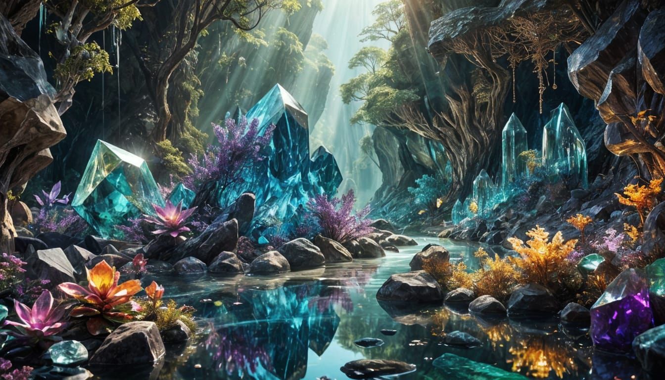 A surreal, highly detailed natural landscape where the entire environment is formed from precious gemstones. ...  by @lena_art