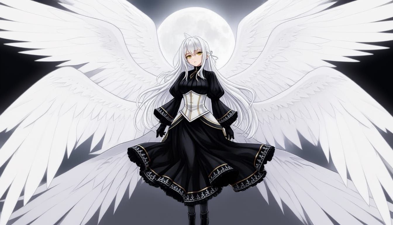 Gabriel with the moon casting a silvery glow behind her, her pure white hair cascading gracefully around her giving her an elegant yet power... - Start Image 1