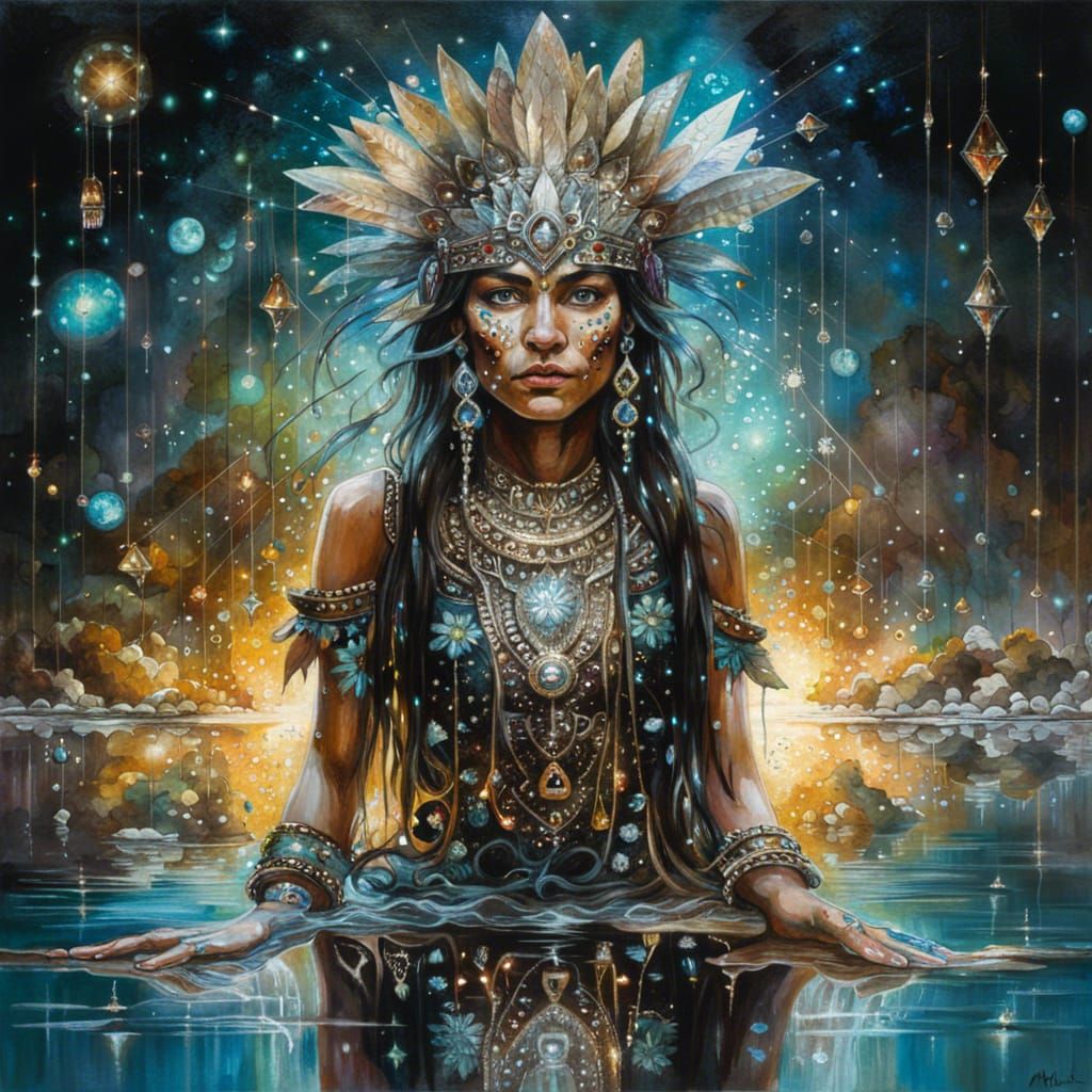 Bioluminescent Aztec Warrior Reflecting in Lotus Pond