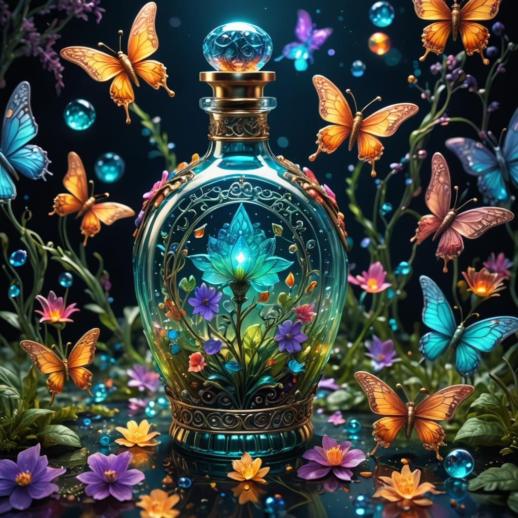 Intricate detailed bioluminescent magical and dreamy fairy perfume bottle  by @Freedomlass