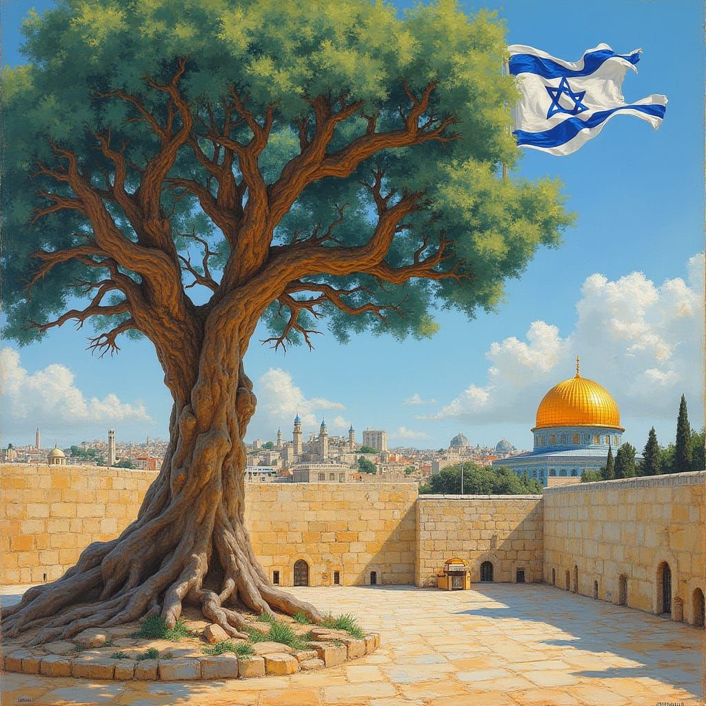 Tree on Temple Mount with Israeli Flag in Vibrant Jerusalem ...