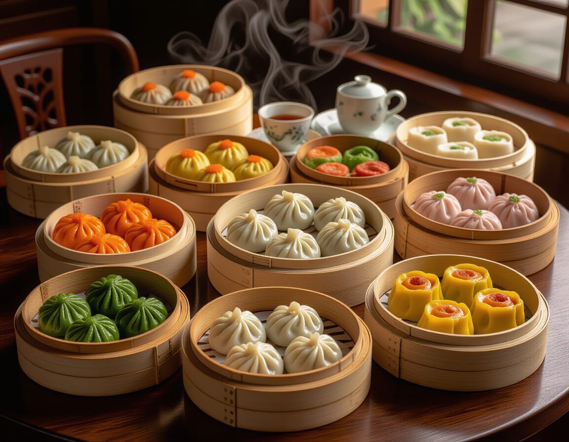 A top-down shot of a table laden with a colorful and delicious array of Chinese dim sum, showcasing the ...  by @Phan Phuong Phi