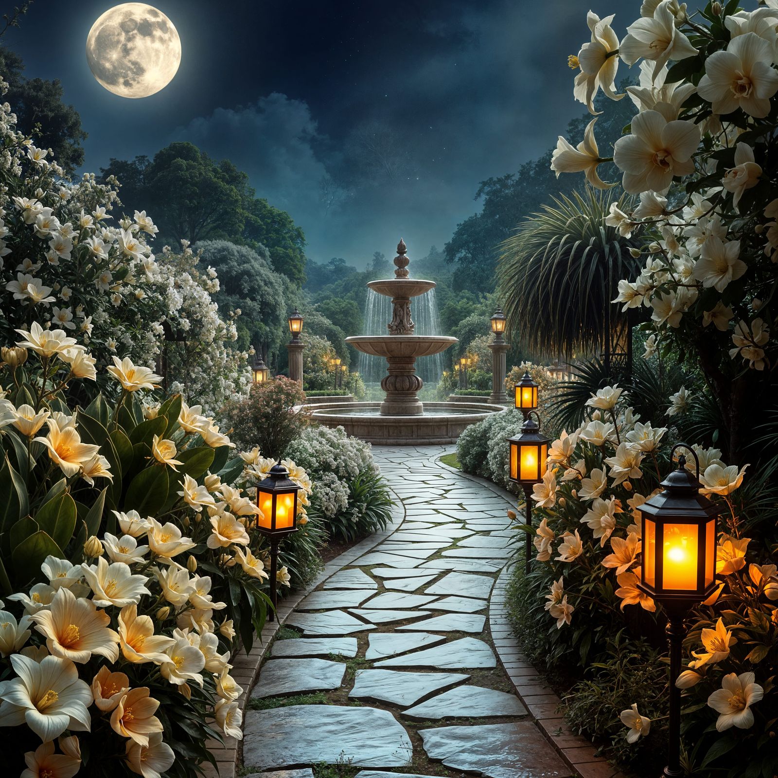 Moonlit opulent garden with white flowering species only, including white night blooming cerus cactus, ...  by @Chuck