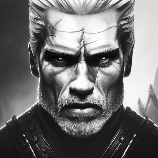 Arnold Schwarzenegger as Geralt from The Witcher, black and white, a ...