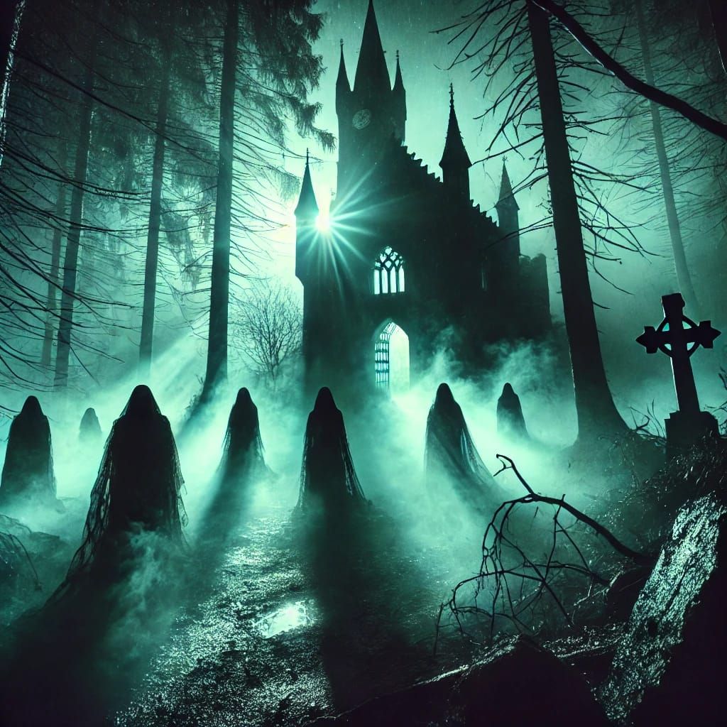 Guests at a gothic manor with a necromantic magical ambiance. Elegantly dressed figures with mysterious, otherworldly fe...