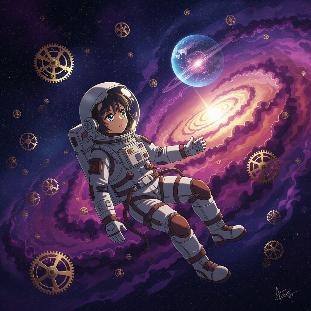 Astronaut in Cosmic Floral Nebula with Clockwork Stars