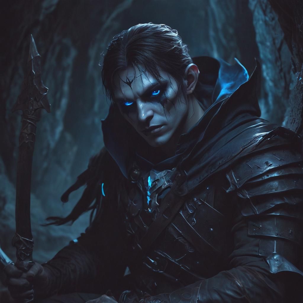 A Warrior vampire Sitting in a dark cave, Holding a scythe T...