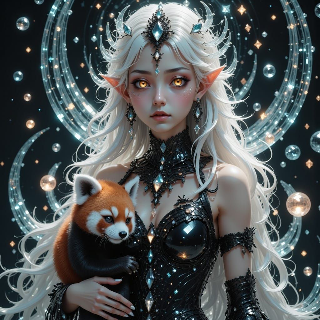 <lora:Glass Aesthetics Fx:1.0>, A stunning, elegant, and refined female elf with pale, translucent skin, she has long, flowing, and lustrous...