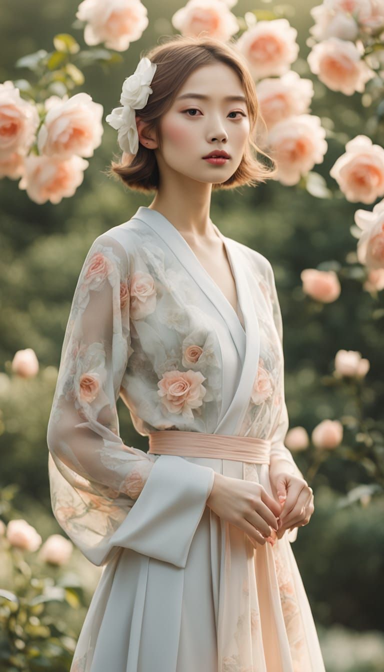 Ethereal Japanese Beauty in Soft Pastel Rose Garden