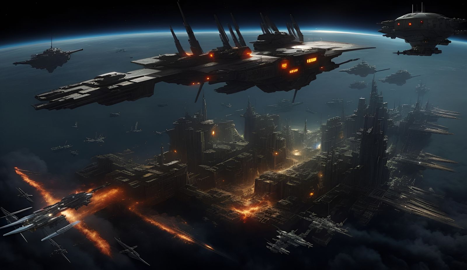 Dystopic Spaceship fleet in deepspace with a long big Comman...