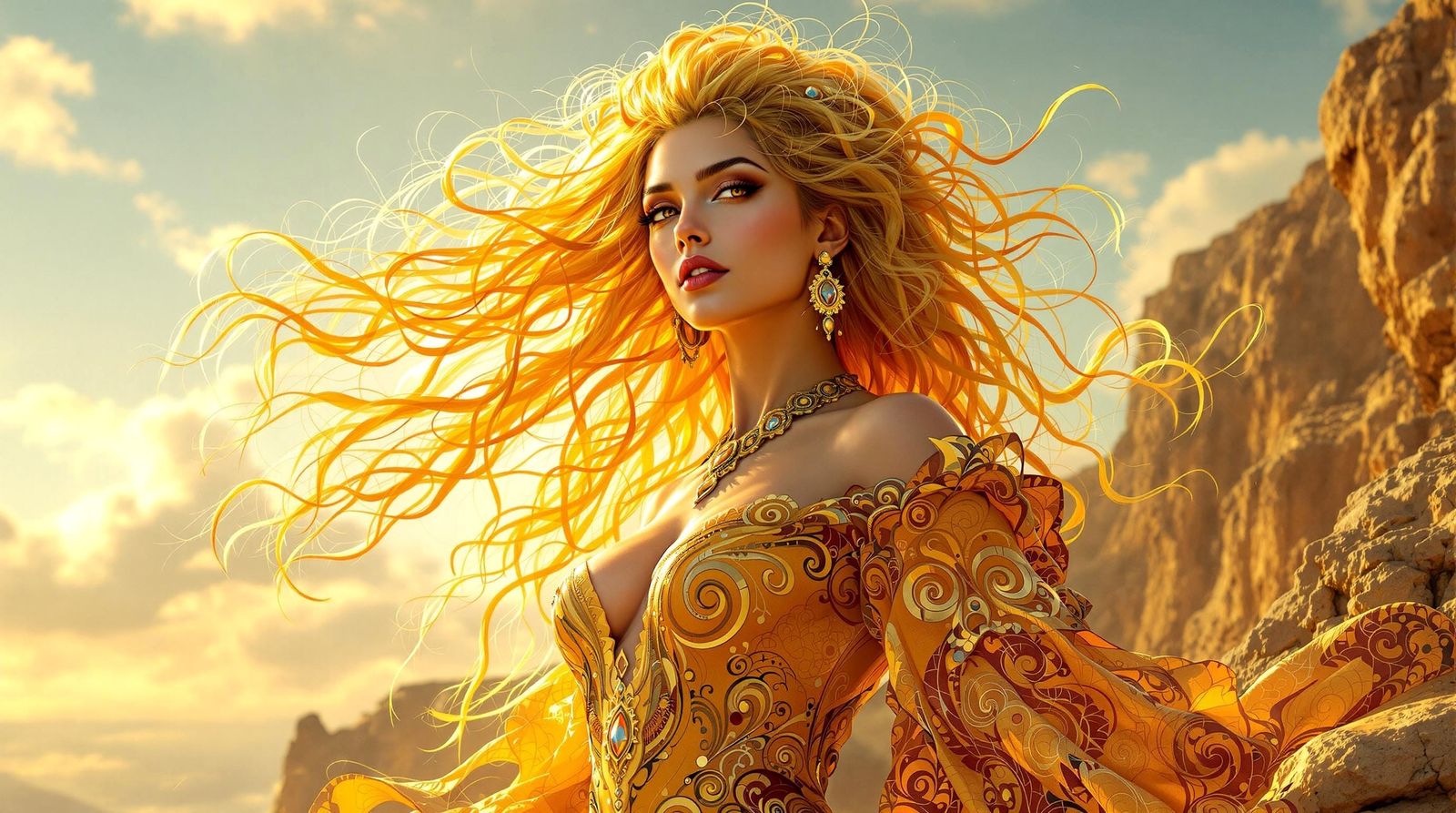 **Leo:** A radiant woman with a mane of golden hair, resembling a lion's, and wearing a regal, sun-themed dress, standin...