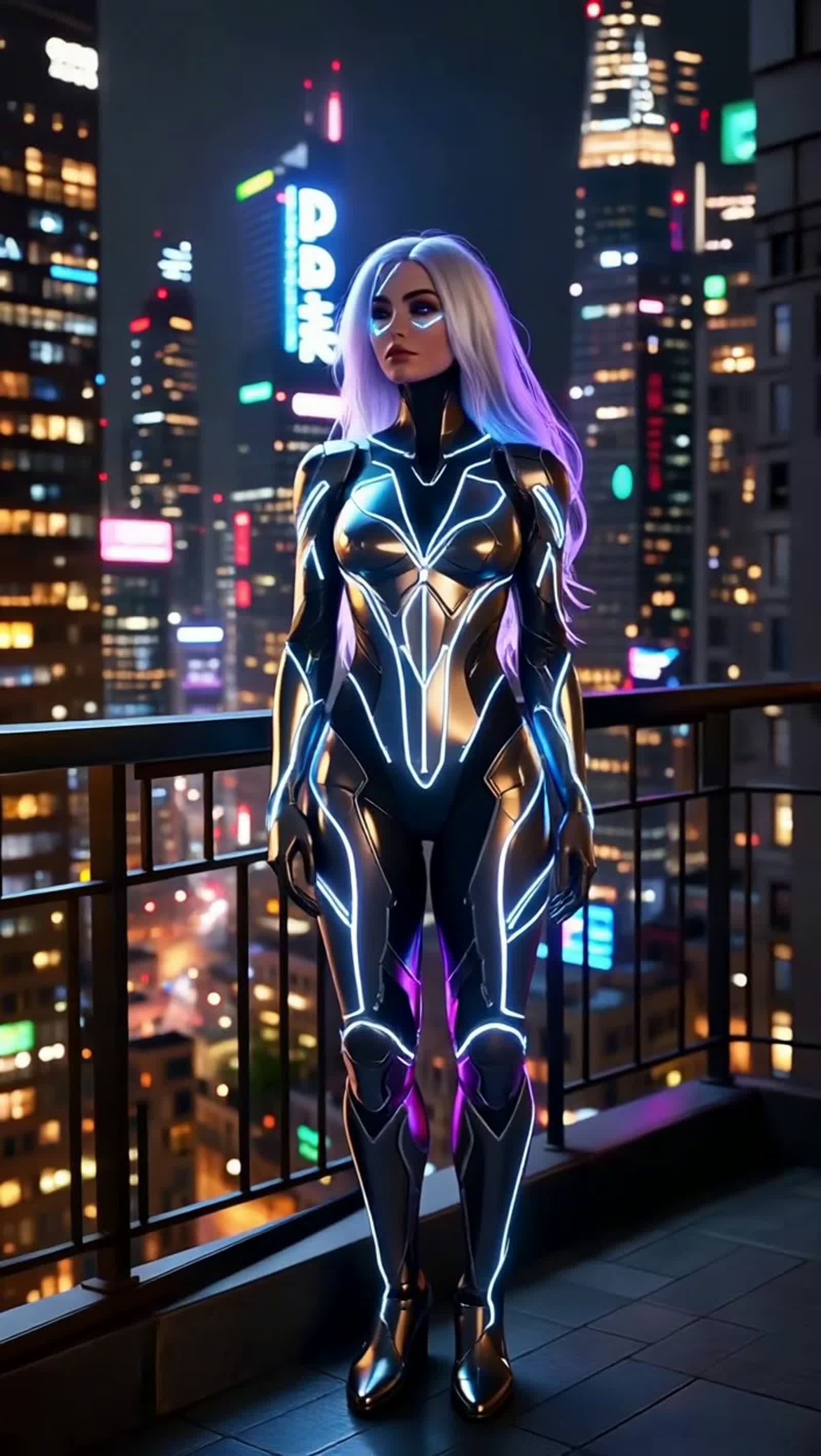 A hyper-realistic, cinematic full-body portrait of a stunningly beautiful woman from the year 2150. She has glowing biol...