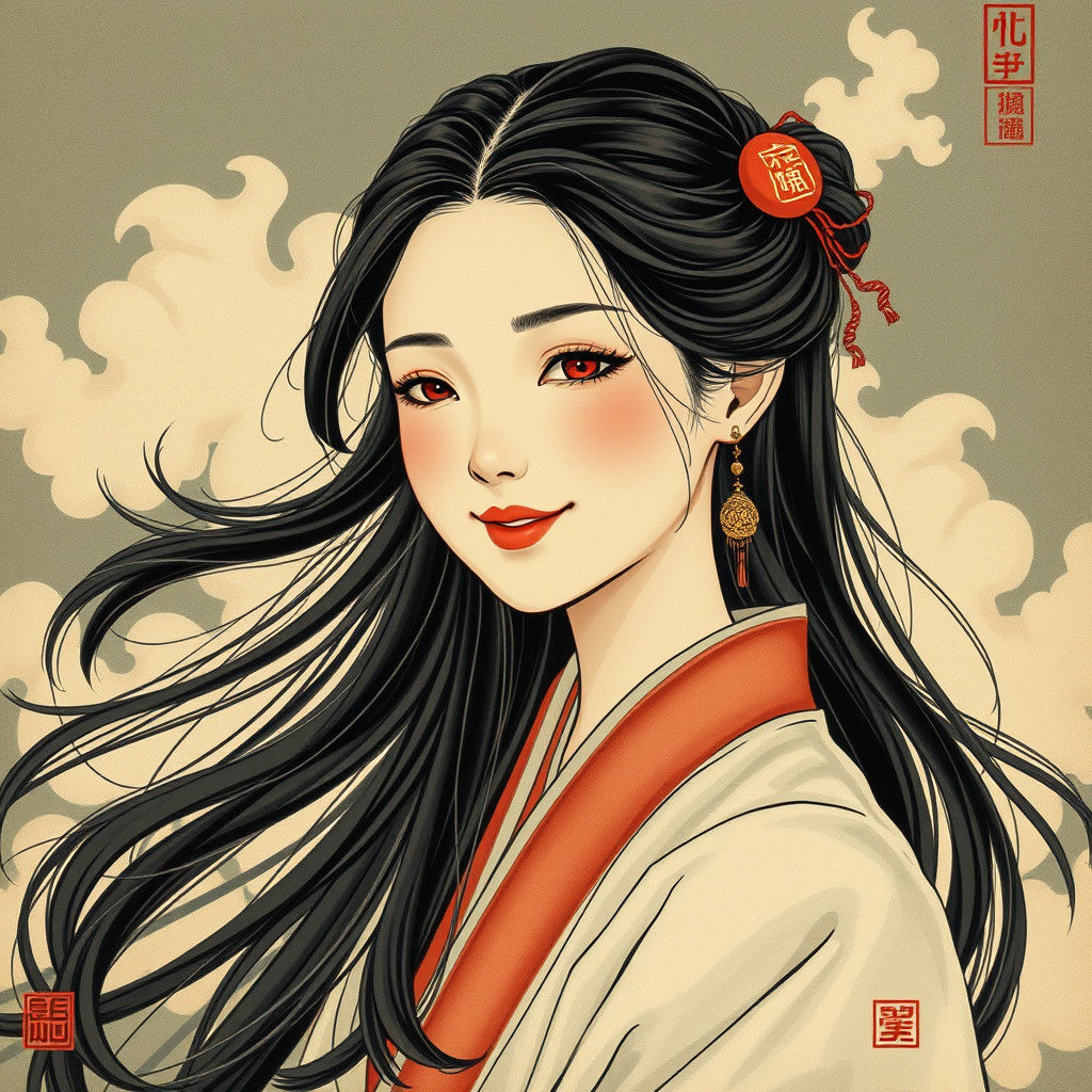 Fortunate Woman in Ink Wash Painting Style