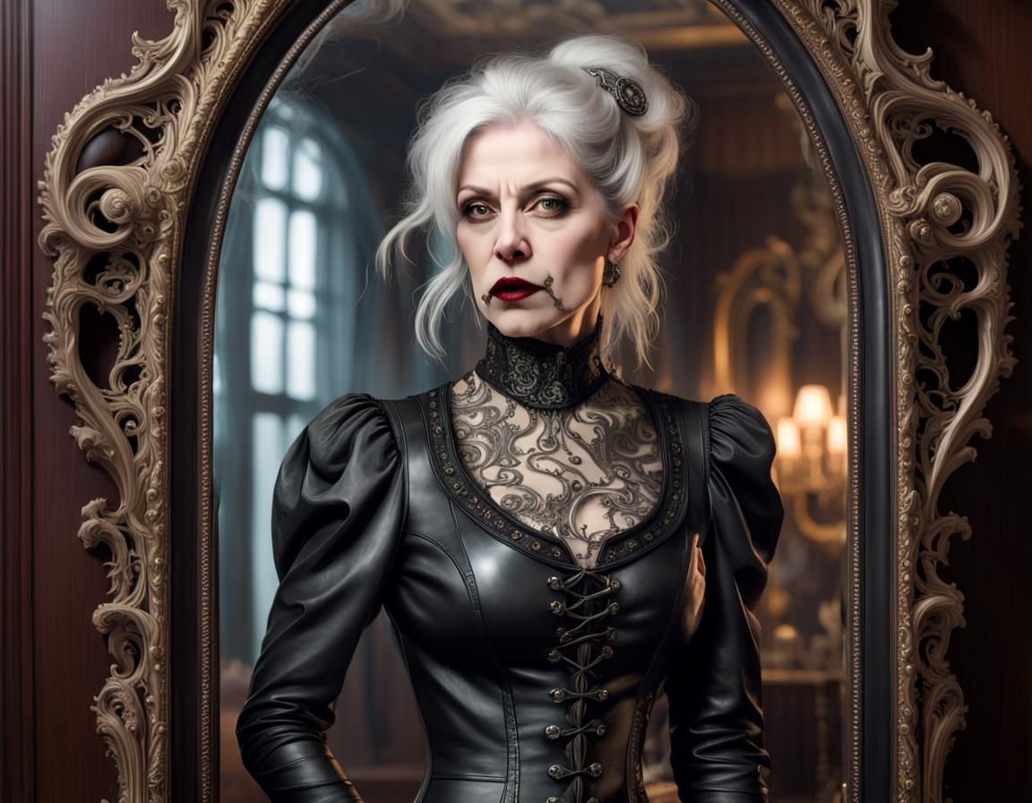 steampunk style artwork depicting a middle-aged woman