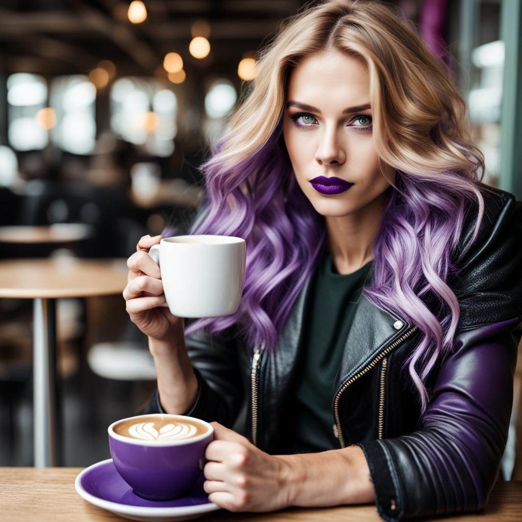 woman with nordic features, wavy golden hair with purple dip...