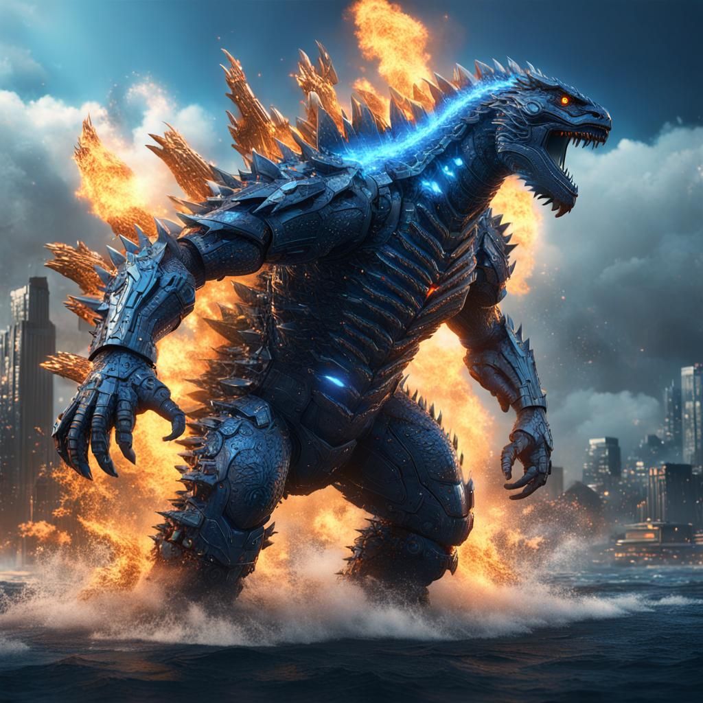 godzilla with fire arms and water arms blue fire on his body