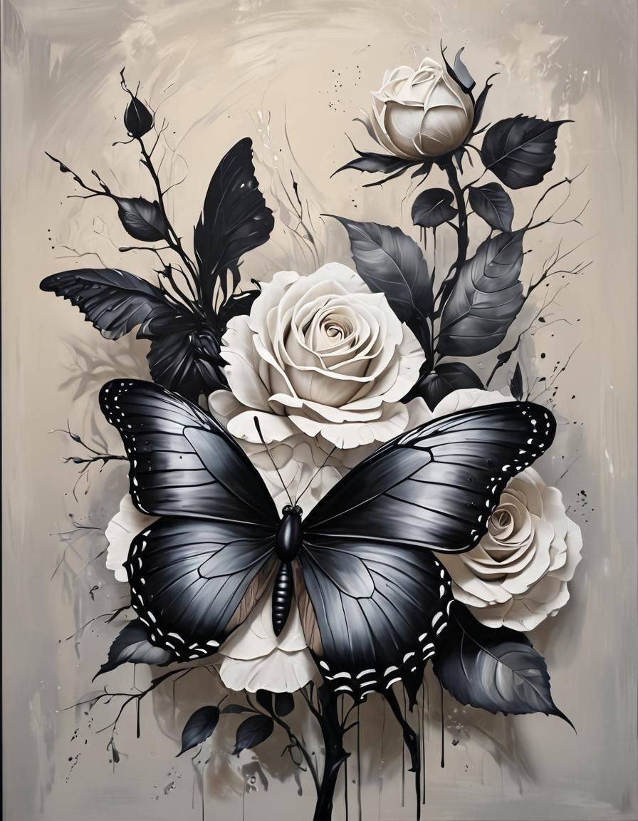 a pitch black Butterfly with finely outlined voluminous wings painted with matte black paint, resting on a White Rose, silver highlights, t...