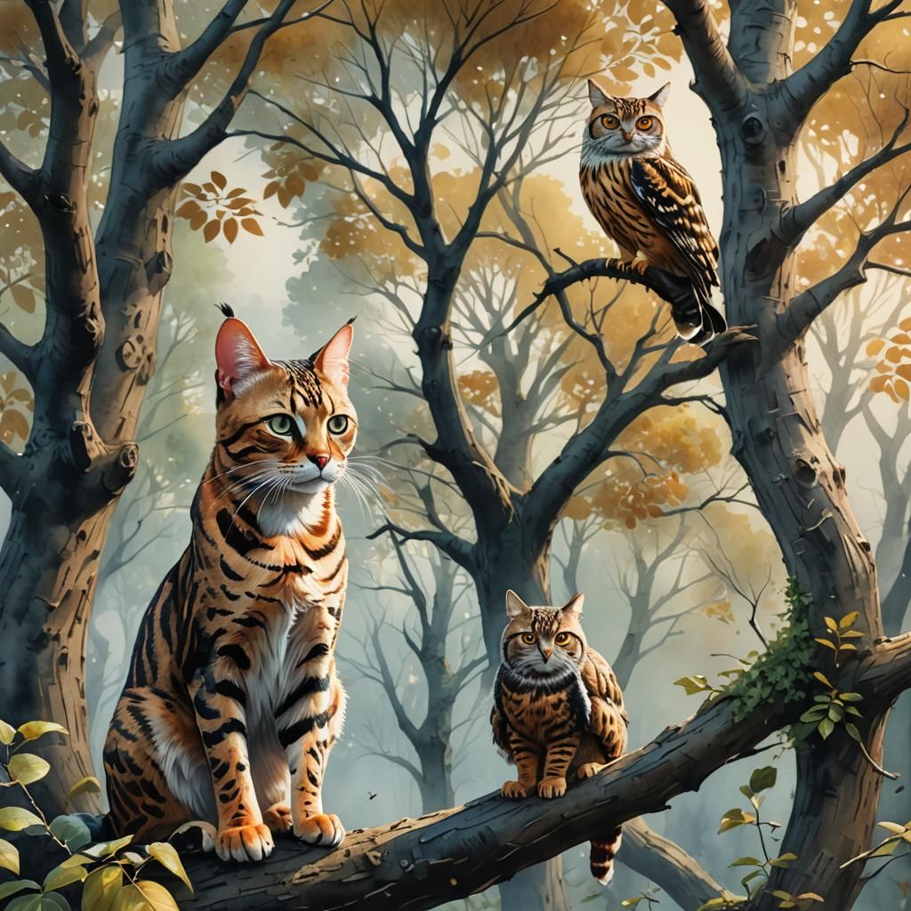 A bengal cat looking at an owl on the tree.watercolor painti...