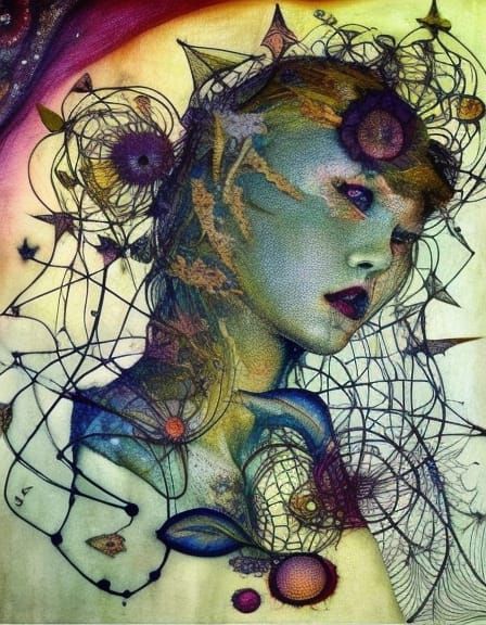 Textile Art Woman Portrait with Geometric Details