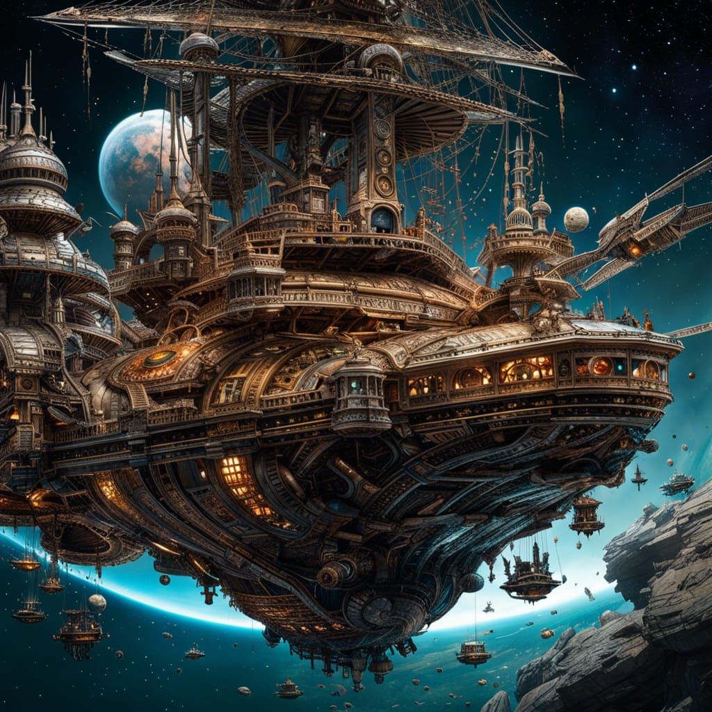 Epic space battle between a Space colony and pirate space ships, a breathtaking epic masterpiece,  by ...  by @Pjrockey