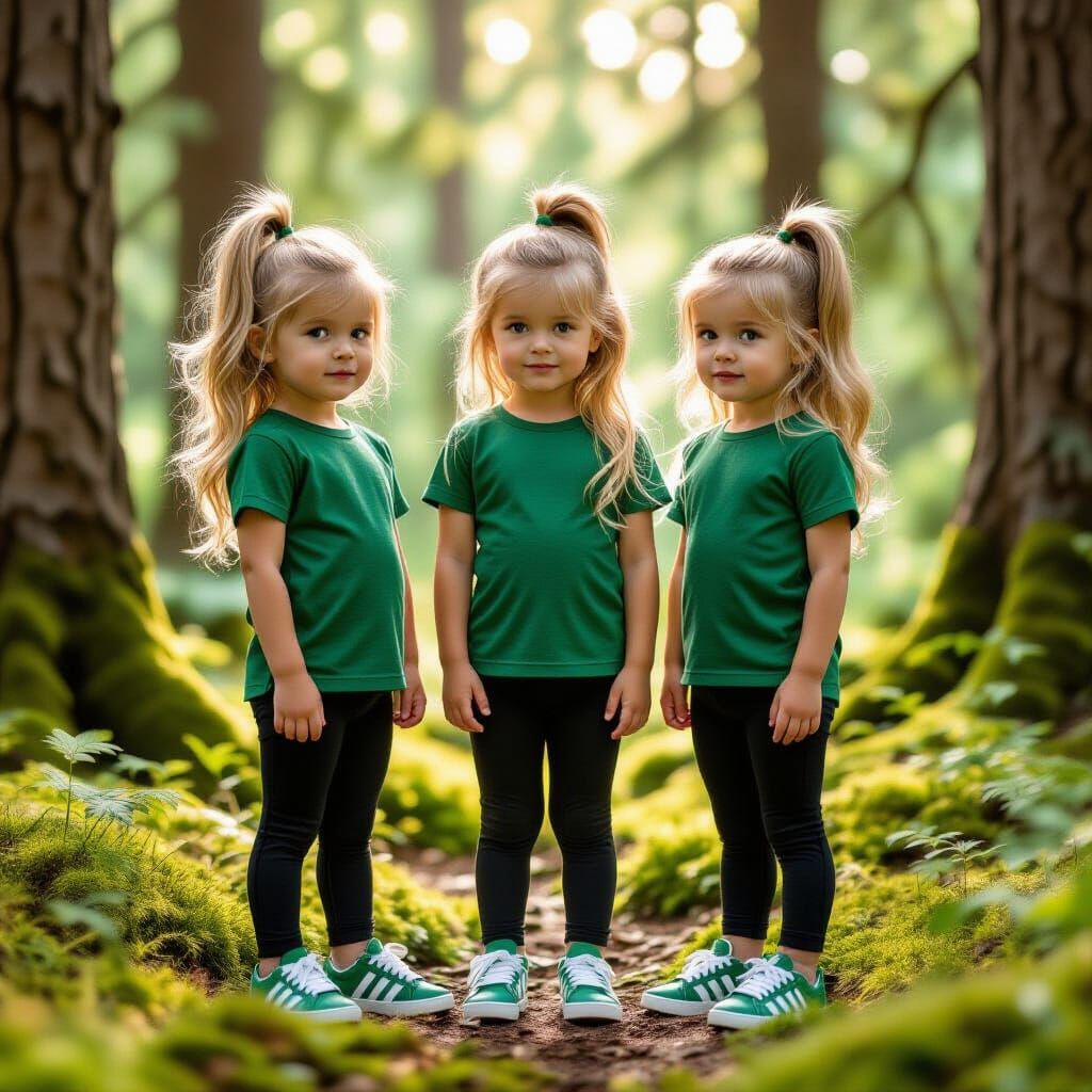 Triplets in Forest, Whimsical Fairy Tale Illustration
