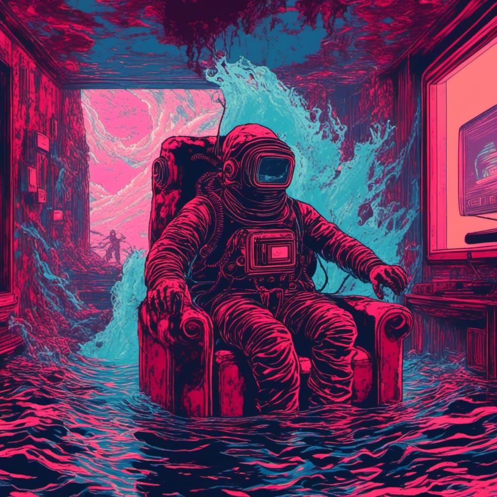 <lora:Sunken Suburb:0.7>
<lora:Submechanophobia:0.7>
Vaporwave dreamscape: Man in a diving suit watches the television inside a submerged li...