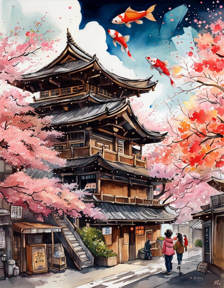 Japanese Street Scene with Sakura Trees in Digital Art