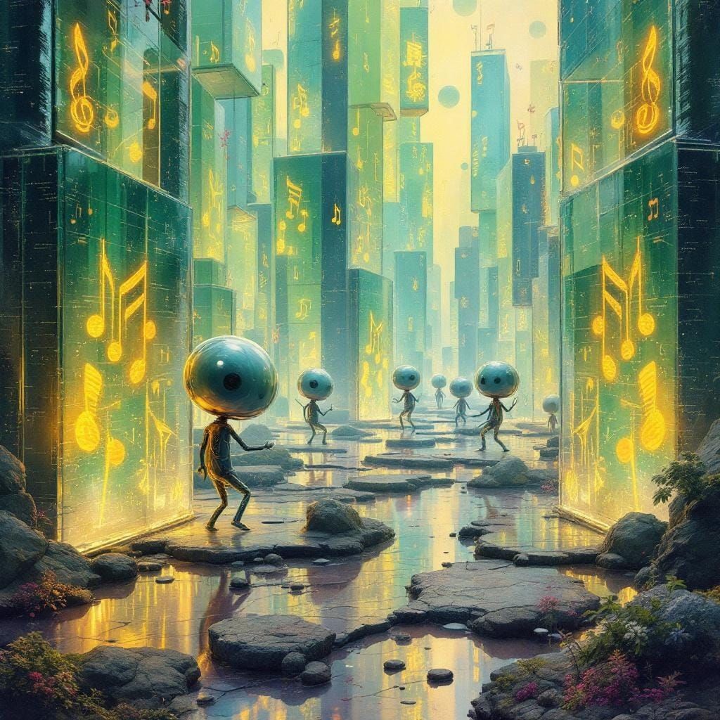 Surreal Musical Cityscape with Brass Creatures