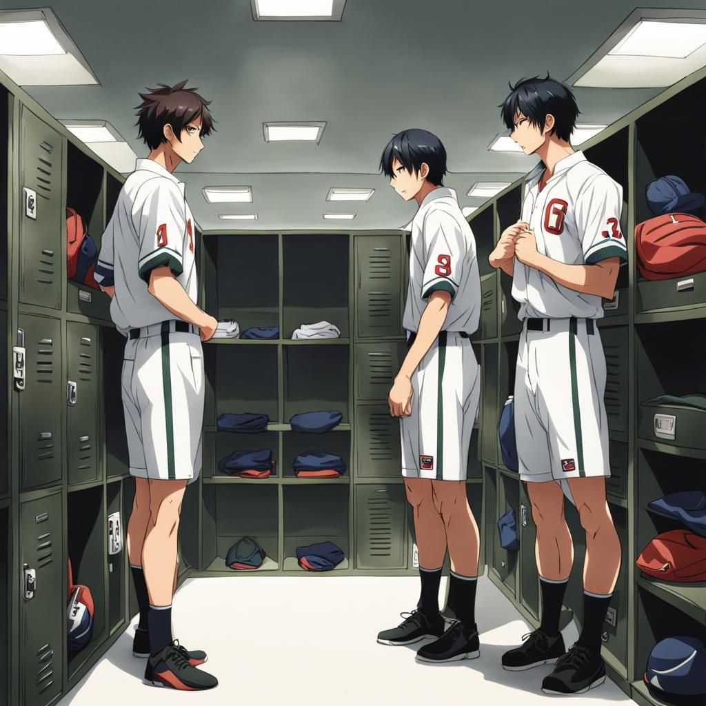 Three men in locker room changing