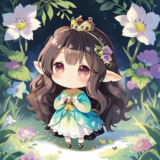 Delightful fairy princess, wearing a little crown, soft tones fairy clothes outfit, beautiful fantasy background, long curly hair oil paint...