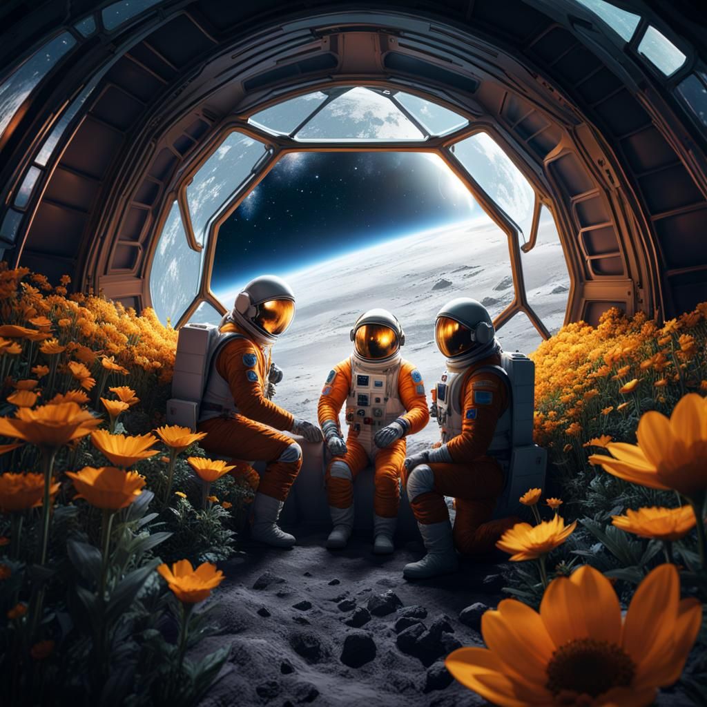 Three men in spacesuits tending to the flowers in a geodesic dome of ...