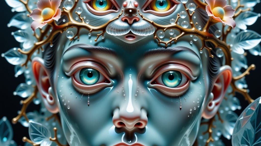 A Transparent crystal girl-face, with transparent black tears running down her face, disheveled hair, as transparent crystal branches and te...