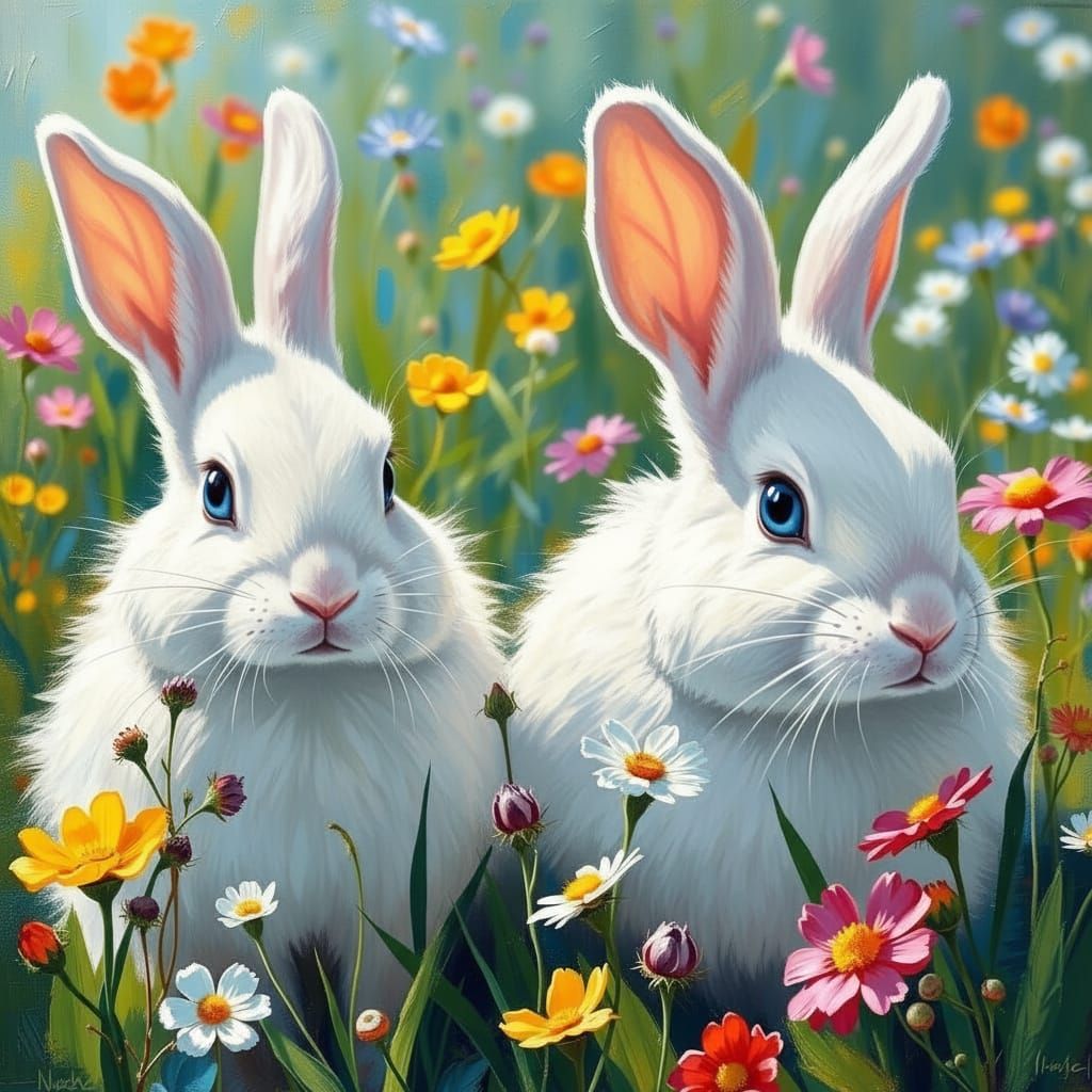 A breathtaking oil painting of rabbits in a meadow, painted with thick impasto brush strokes and expressive texture. The rabbits are capture...