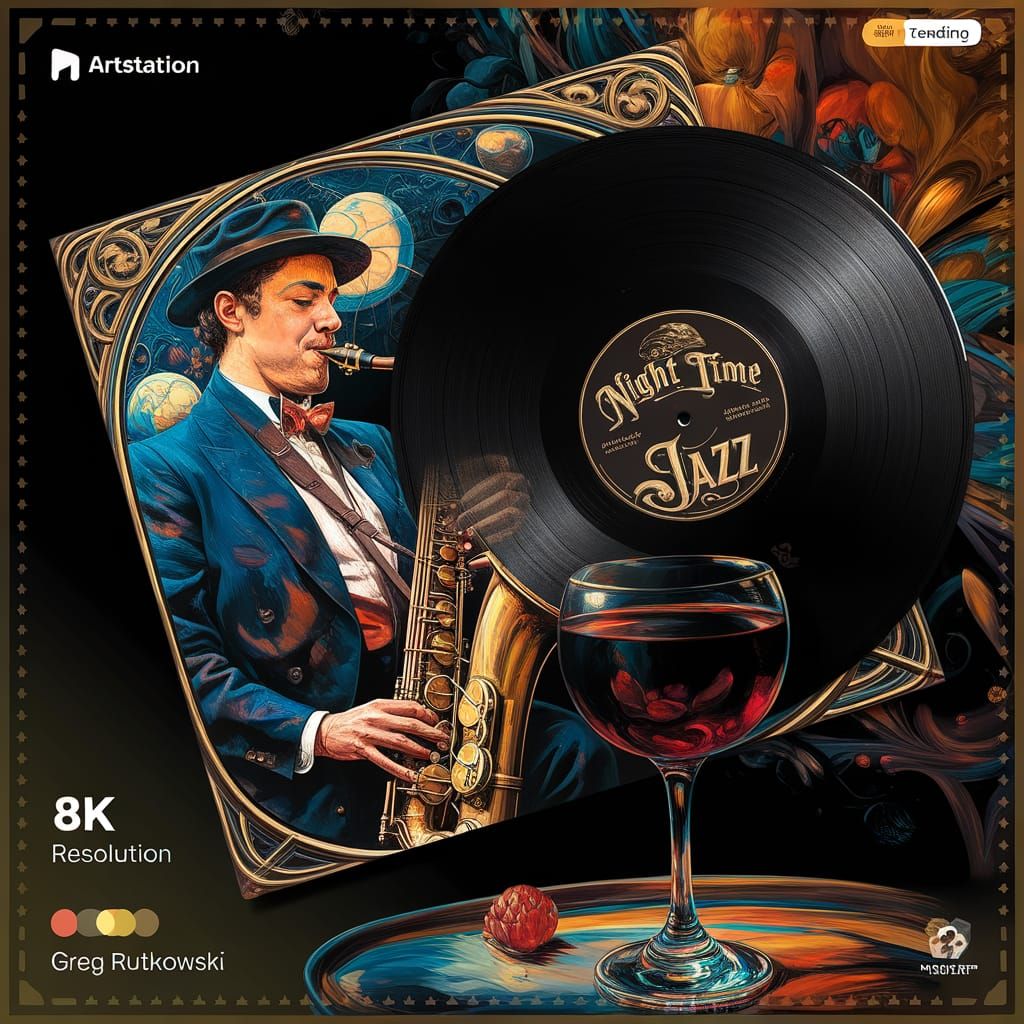 illustrate Record Cover in glass of Red Wine on a Table, with label "Night Time Jazz" in Gold a masterpiece, ...  by @Dr_Strange