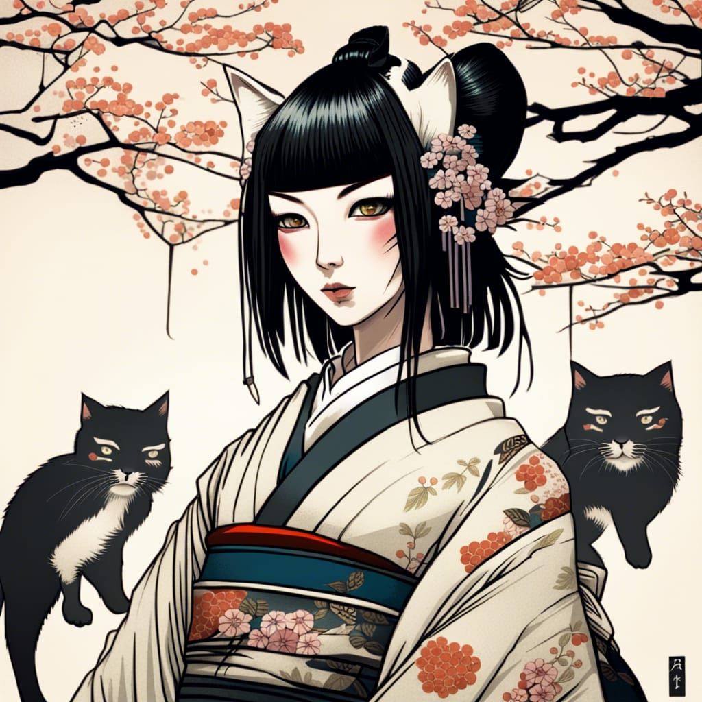 cat ears is a geisha samuray in Ukiyo-e