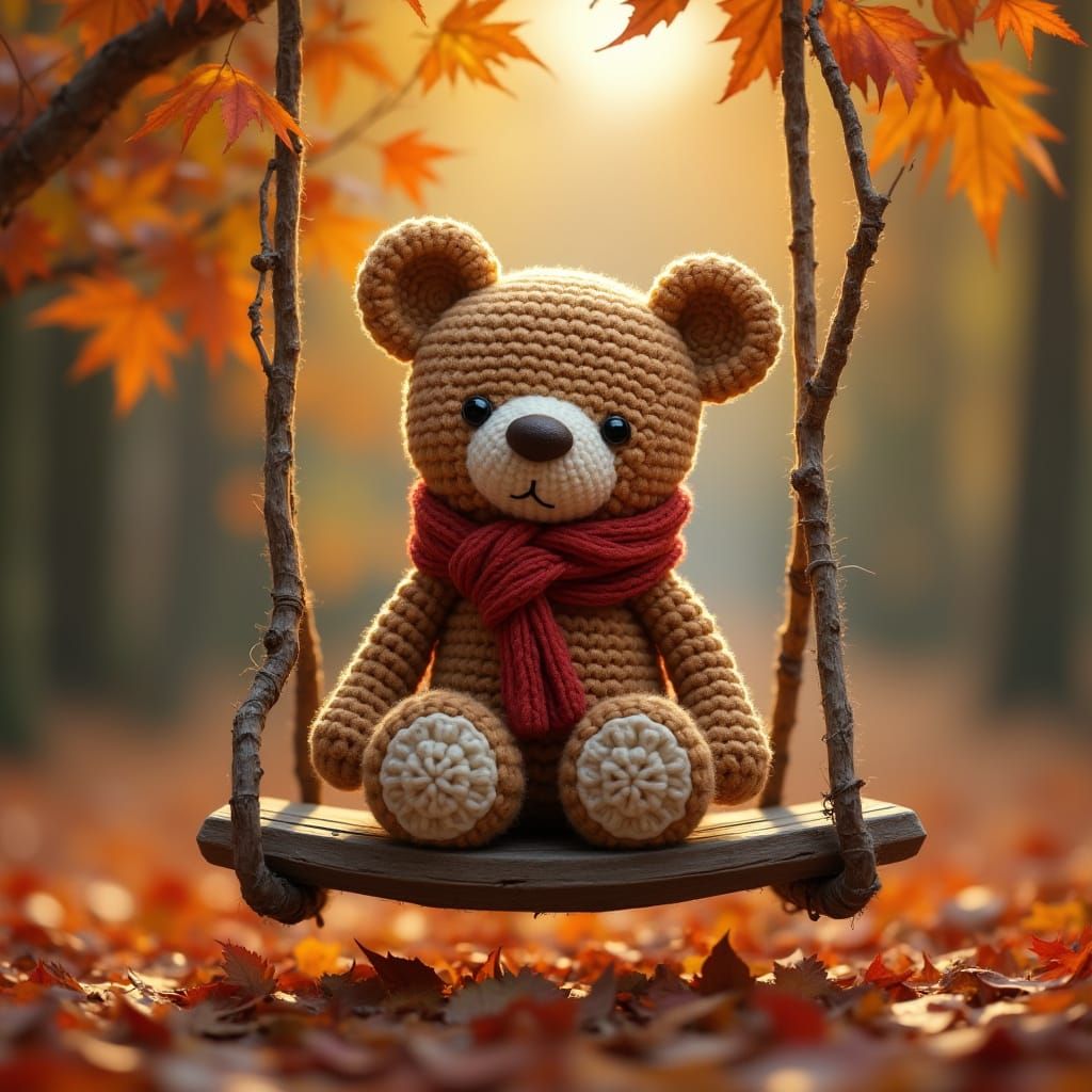 A cute crochet bear just a swinging