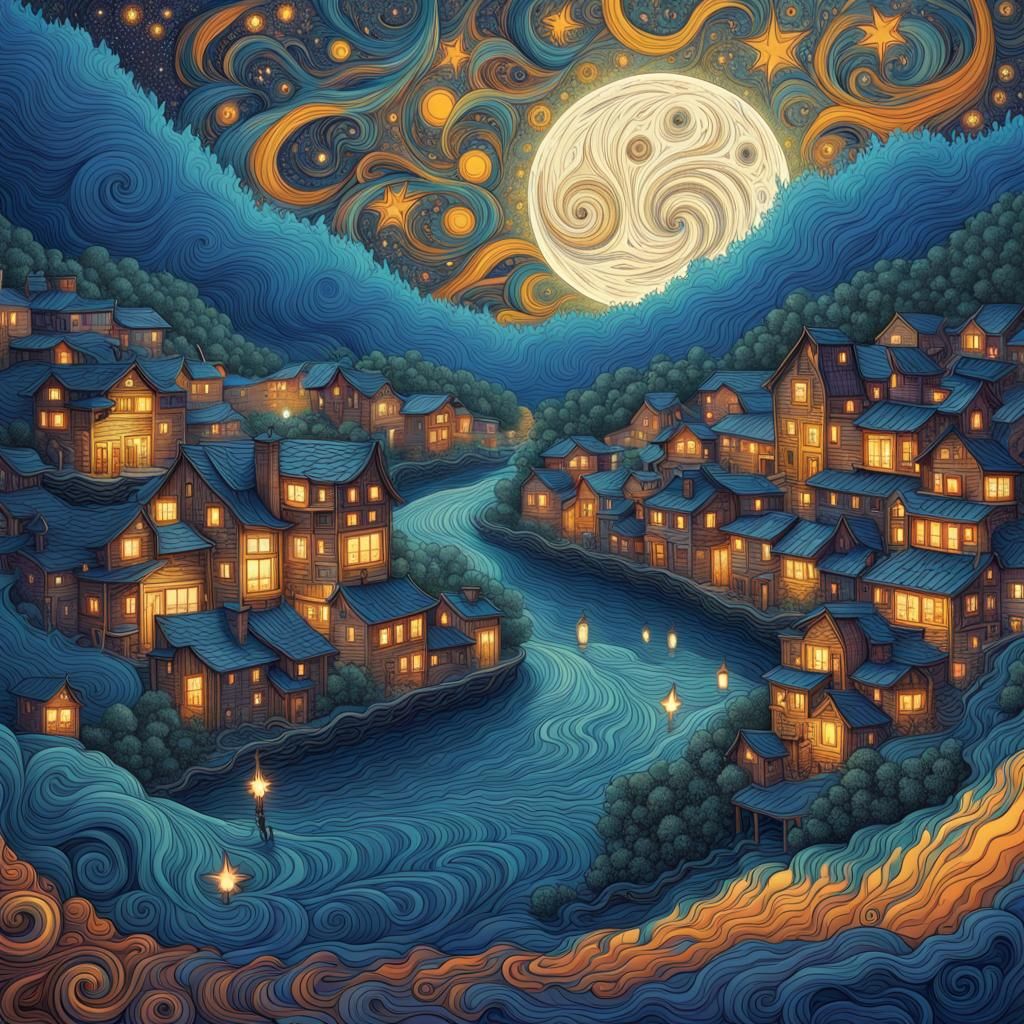 Moonlit Village by the Sea - AI Generated Artwork - NightCafe Creator