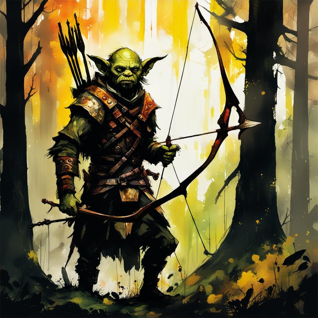 Goblincore Archer in Sunlight: Gouache Impressionist Forest
