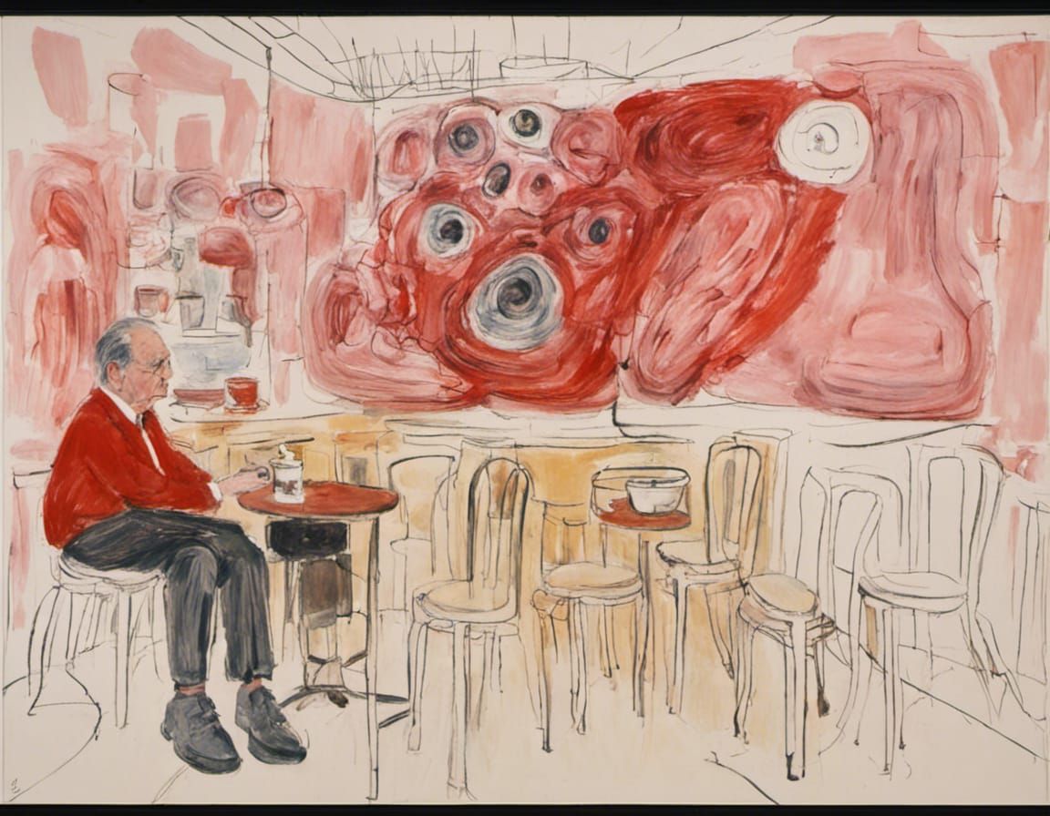 Philip Guston at a cafe looking at his art